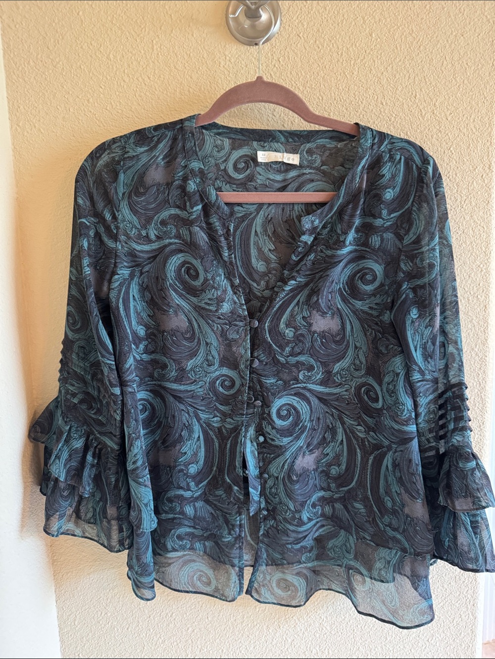 hinge Black Sheer Blouse with Teal Swirl Print